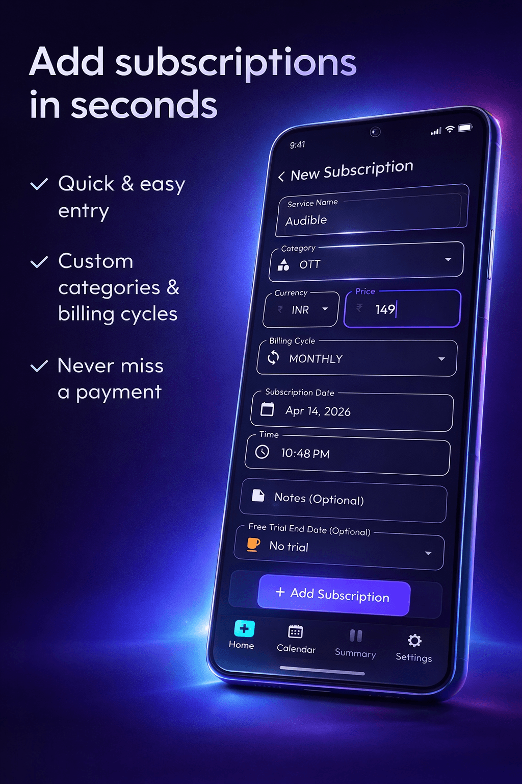SubReminder add subscription flow with price and renewal details.