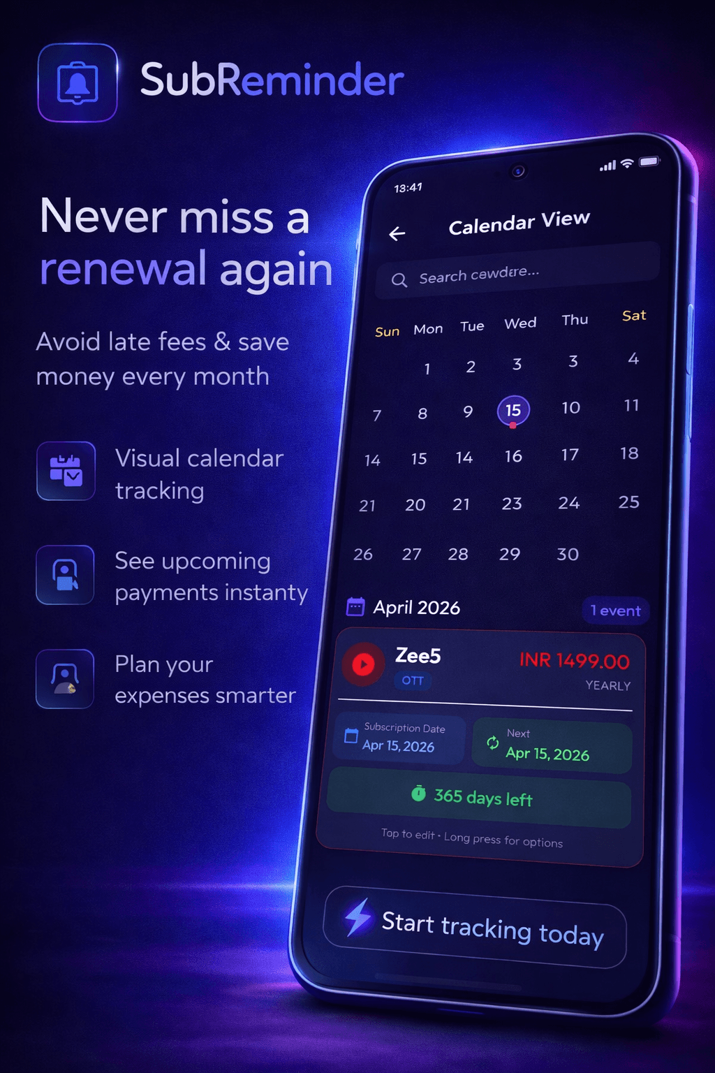 SubReminder calendar view showing subscription payment dates.