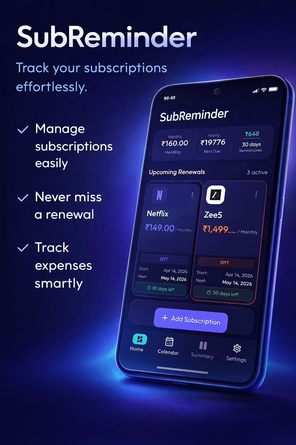 SubReminder home dashboard with upcoming renewals and monthly totals.