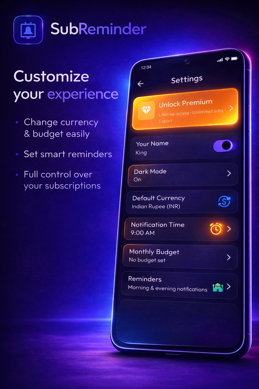 SubReminder settings view for reminders and app preferences.
